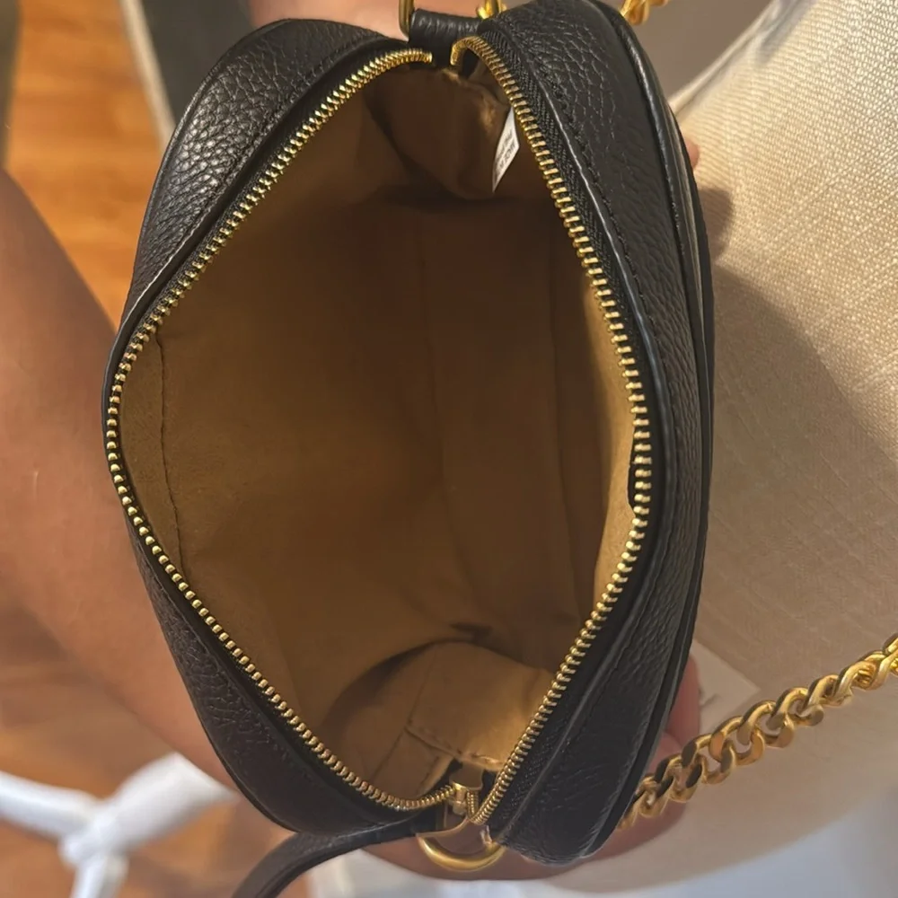 Tory Burch Black Pebbled Leather Camera Bag with Gold Chain